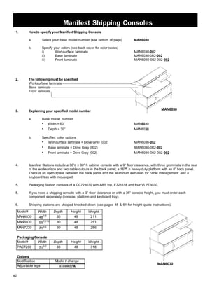 42 
Manifest Shipping Consoles 
1. How to specify your Manifest Shipping Console 
a. Select your base model number (see bottom of page) MAN6030 
b. Specify your colors (see back cover for color codes) 
i) Worksurface laminate MAN6030-002 
ii) Base laminate MAN6030-002-002 
iii) Front laminate MAN6030-002-002-002 
2. The following must be specified 
Worksurface laminate 
Base laminate 
Front laminate 
3. Explaining your specified model number 
a. Base model number 
• Width = 60” MAN6030 
• Depth = 30” MAN6030 
b. Specified color options 
MAN6030 
• Worksurface laminate = Dove Grey (002) MAN6030-002 
• Base laminate = Dove Grey (002) MAN6030-002-002 
• Front laminate = Dove Grey (002) MAN6030-002-002-002 
4. Manifest Stations include a 30”d x 30” h cabinet console with a 9” floor clearance, with three grommets in the rear 
of the worksurface and two cable cutouts in the back panel; a 167/8” h heavy-duty platform with an 8” back panel. 
There is an open space between the back panel and the aluminum extrusion for cable management; and a 
keyboard tray with mousepad. 
5. Packaging Station consists of a CC723030 with ABS top, E721618 and four VLPT3030. 
5. If you need a shipping console with a 3” floor clearance or with a 36” console height, you must order each 
component seperately (console, platform and keyboard tray). 
6. Shipping stations are shipped knocked down (see pages 45  61 for freight quote instructions). 
MAN6030 
Model# Width Depth Height Weight 
MAN4830 481/8 30 48 211 
MAN6030 5913/16 30 48 251 
MAN7230 711/2 30 48 286 
Packaging Console 
Model# Width Depth Height Weight 
PAC7230 711/2 30 48 318 
Options 
Modification 
Adjustable legs 
Model # change 
xxxwwddA 
 