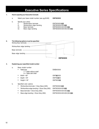 62 
Executive Series Specifications 
1. How to specify your Executive Console 
a. Select your base model number (see pg.63-65) EMT603030 
b. Specify your colors 
i) Worksurface laminate EMT603030-025 
ii) Worksurface edge banding EMT603030-025-002 
iii) Base laminate EMT603030-025-002-002 
iv) Base edge banding EMT603030-025-002-002-002 
2. The following options must be specified 
Worksurface laminate 
Worksurface edge banding 
Base laminate 
Base edge banding 
3. Explaining your specified model number 
a. Base model number 
EMT603030 
• Table type EMT603030 
T = Table without shelf 
S = Table with shelf 
• Width = 60” EMT603030 
• Depth = 30” EMT603030 
• Height = 30” EMT603030 
b. Specified color options 
• Worksurface laminate = Grey Glace (025) EMT603030-025 
• Worksurface edge banding = Dove Grey (002) EMT603030-025-002 
• Base laminate = Dove Grey (002) EMT603030-025-002-002 
• Base edge banding = Dove Grey (002) EMT603030-025-002-002-002 
 