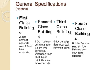 General Specifications
(Flooring)
 First
Class
Building
s
2.5cm
cement
concrete
over 7.5cm
lime
concrete
 Second
Class
Building
s
2.5cm cement
concrete over
7.5cm lime
concrete.
Verandah floor
shall be of
brick tile over
lime concrete
 Third
Class
Building
s
Brick on edge
floor over well
rammed earth
 Fourth
Class
Building
s
Kutcha floor or
earthen floor
finished with
cow-dung
lapping.
 