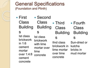 General Specifications
(Foundation and Plinth)
 First
Class
Building
s
Ist class
brickwork
in 1:6
cement
mortar
over 1:4:8
cement
concrete
 Second
Class
Building
s
Ist class
brickwork
with lime
mortar over
lime
concrete
 Third
Class
Building
s
IInd class
brickwork in
lime mortar
over lime
concrete
 Fourth
Class
Building
s
Sun-dried or
kutcha
bricks in
mud mortar
 