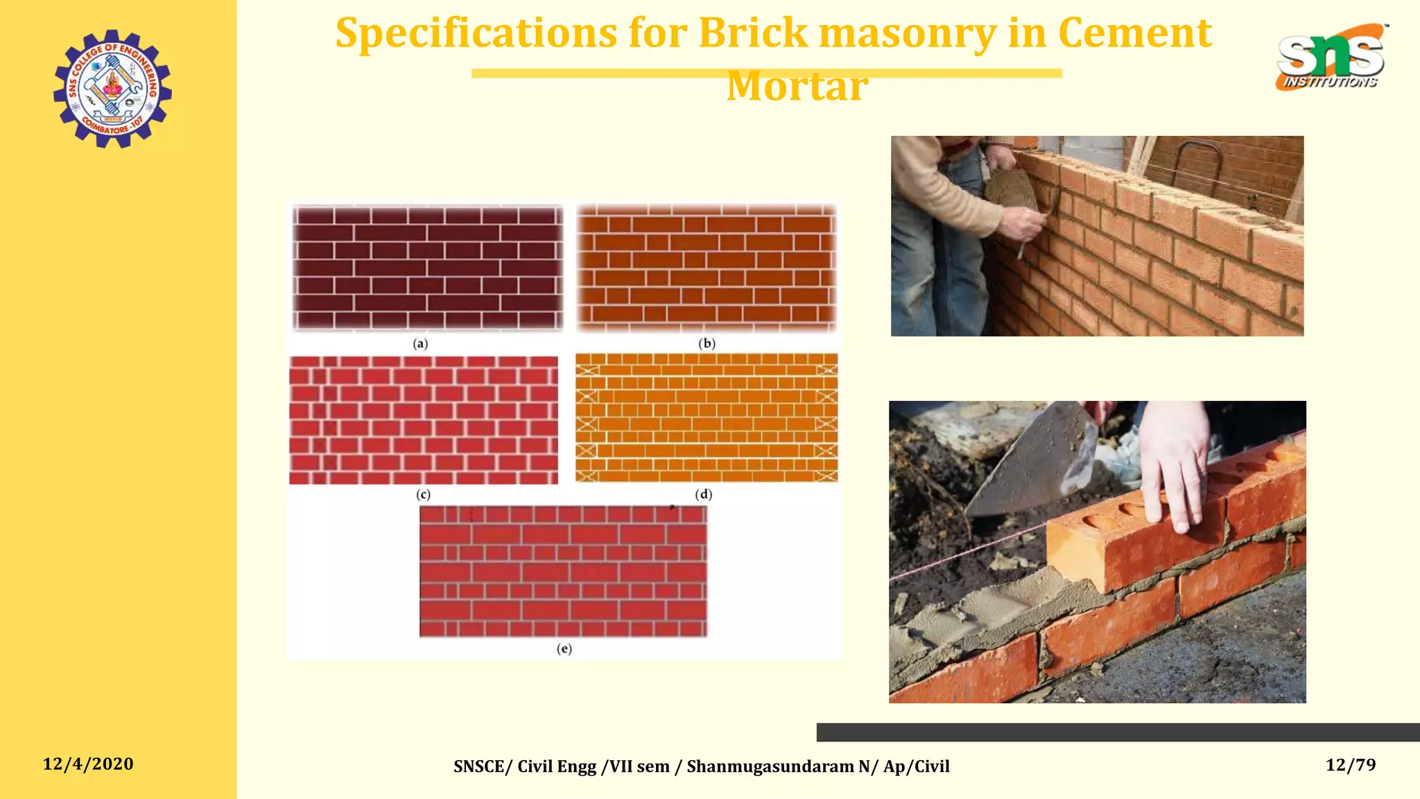 12/4/2020
Specifications for Brick masonry in Cement
Mortar
SNSCE/ Civil Engg /VII sem / Shanmugasundaram N/ Ap/Civil 12/79
 