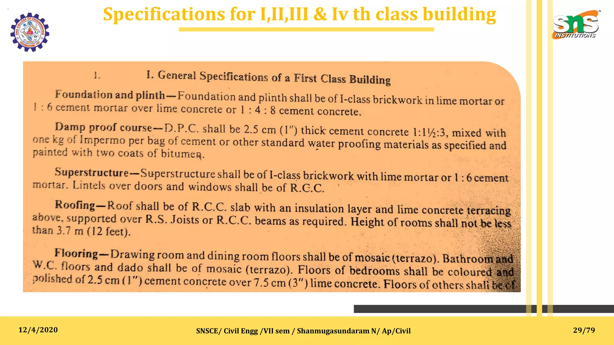 12/4/2020
Specifications for I,II,III & Iv th class building
.
SNSCE/ Civil Engg /VII sem / Shanmugasundaram N/ Ap/Civil 29/79
 