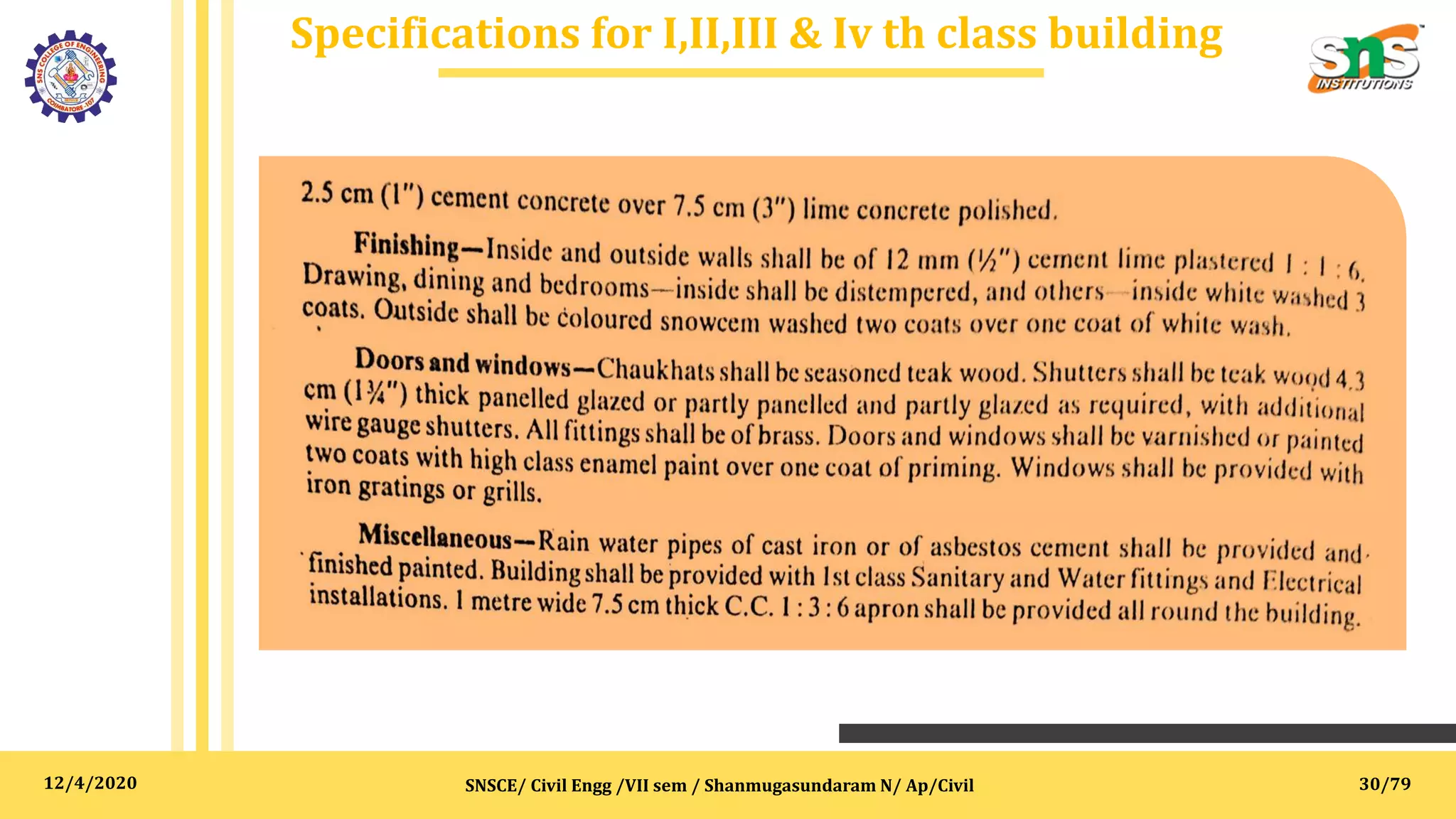 12/4/2020
Specifications for I,II,III & Iv th class building
SNSCE/ Civil Engg /VII sem / Shanmugasundaram N/ Ap/Civil 30/79
 