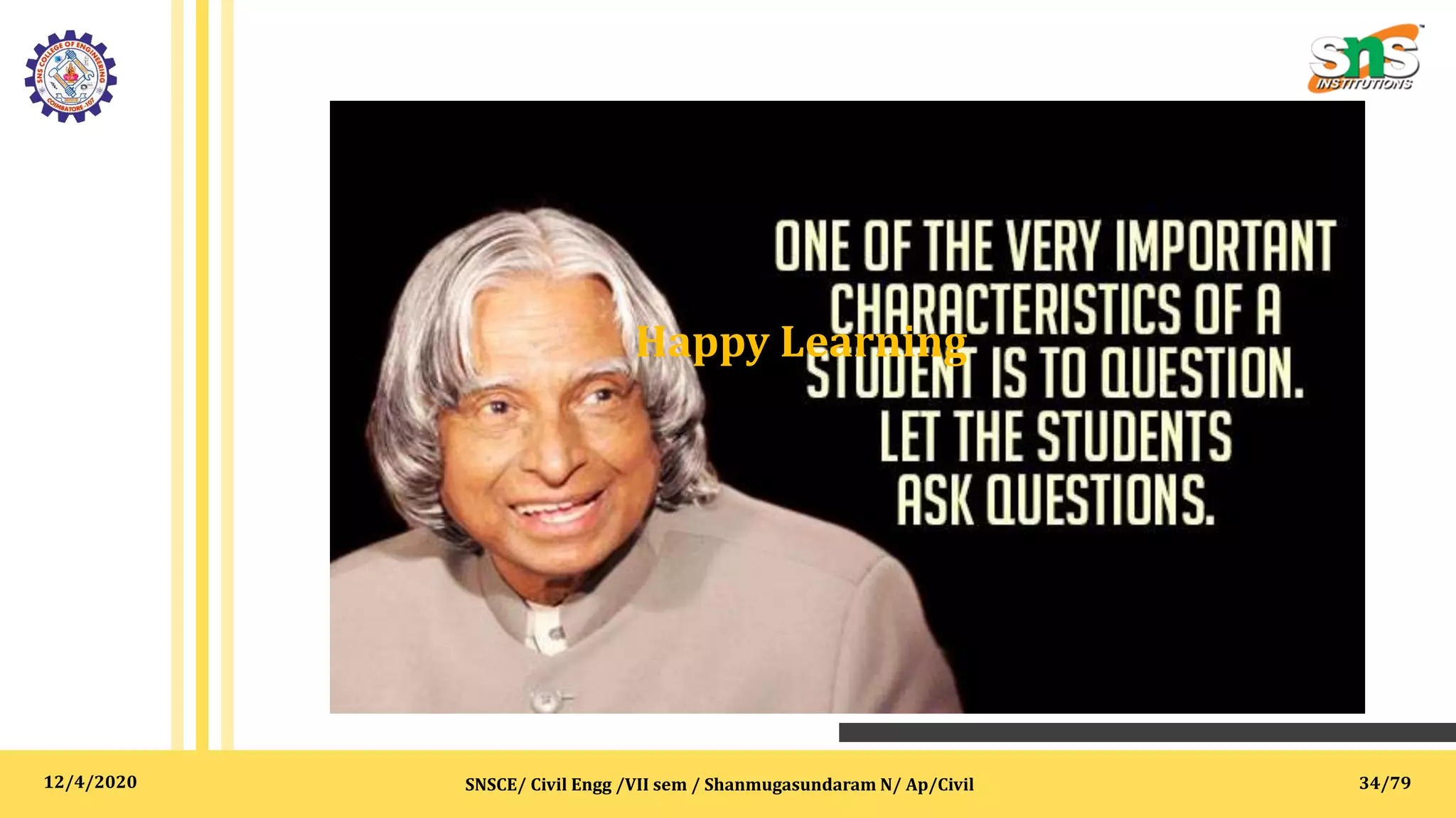 12/4/2020 SNSCE/ Civil Engg /VII sem / Shanmugasundaram N/ Ap/Civil
Happy Learning
34/79
 