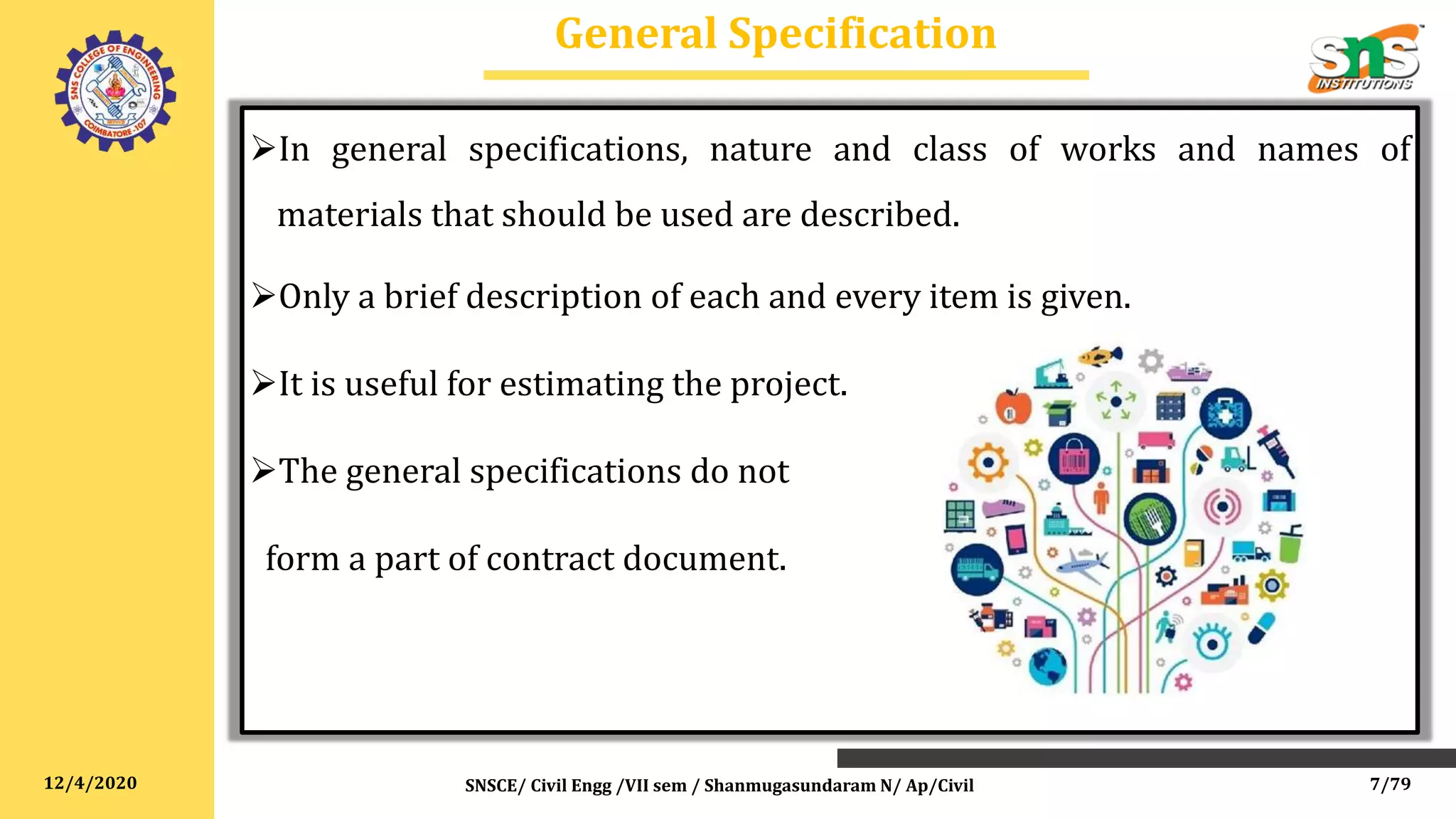 12/4/2020
General Specification
In general specifications, nature and class of works and names of
materials that should be used are described.
Only a brief description of each and every item is given.
It is useful for estimating the project.
The general specifications do not
form a part of contract document.
SNSCE/ Civil Engg /VII sem / Shanmugasundaram N/ Ap/Civil 7/79
 