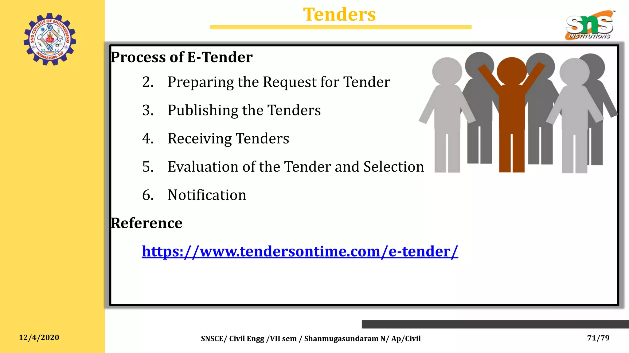 12/4/2020
Tenders
SNSCE/ Civil Engg /VII sem / Shanmugasundaram N/ Ap/Civil
Process of E-Tender
2. Preparing the Request for Tender
3. Publishing the Tenders
4. Receiving Tenders
5. Evaluation of the Tender and Selection
6. Notification
Reference
https://www.tendersontime.com/e-tender/
71/79
 
