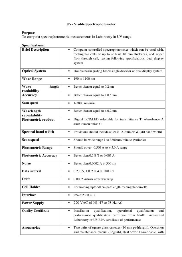 Specification uv spectrophotometer
