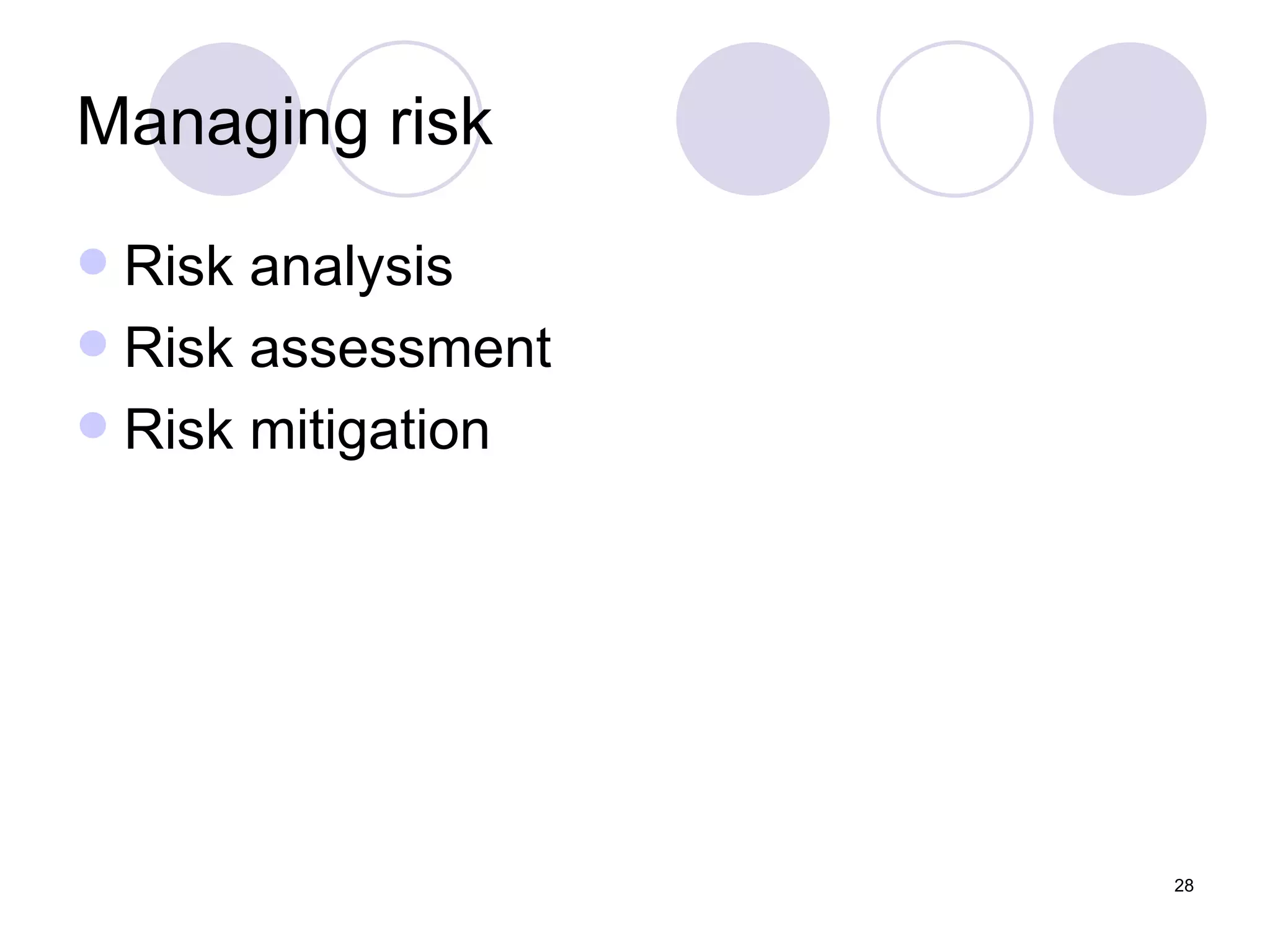 Managing risk Risk analysis  Risk assessment Risk mitigation 