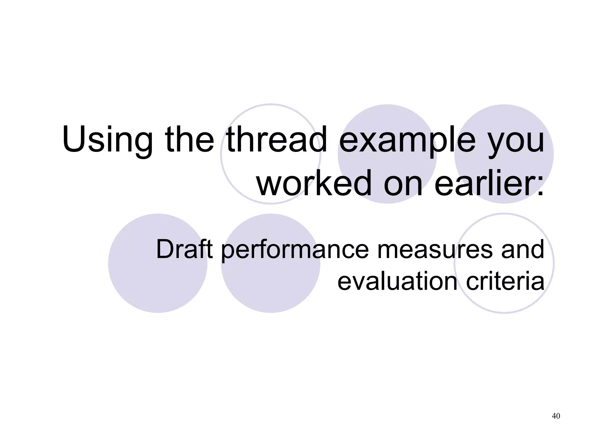 Using the thread example you worked on earlier: Draft performance measures and evaluation criteria 