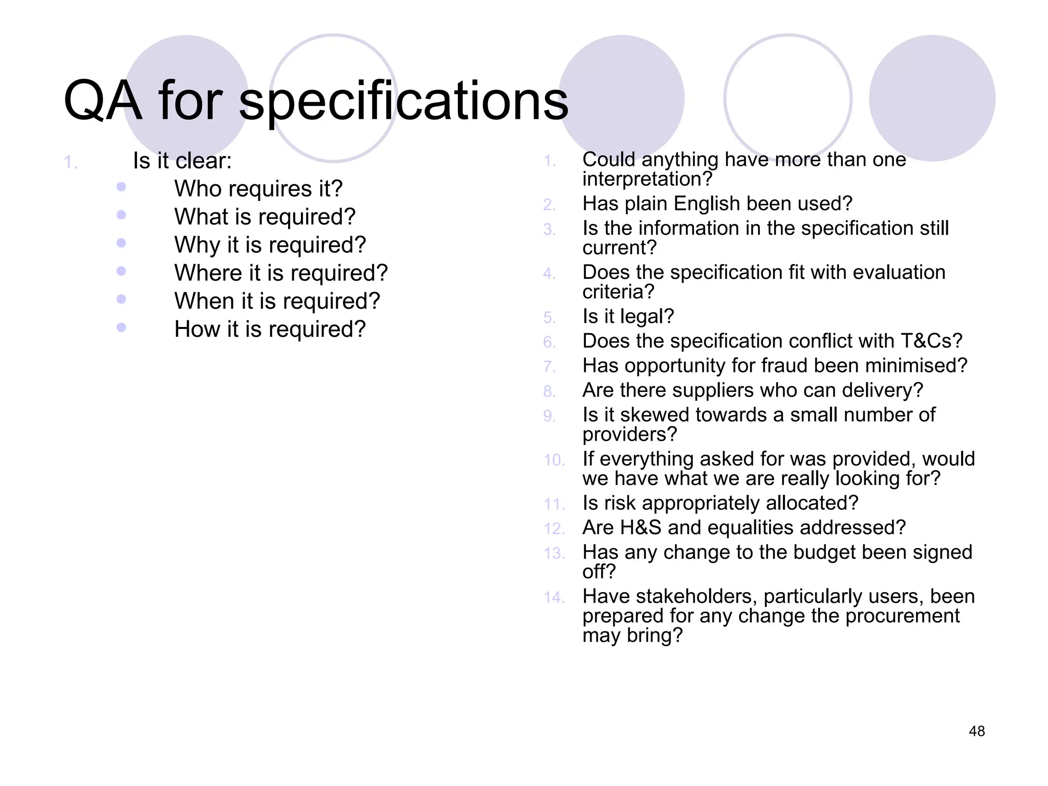 QA for specifications Is it clear: Who requires it? What is required? Why it is required? Where it is required? When it is required? How it is required? Could anything have more than one interpretation? Has plain English been used? Is the information in the specification still current? Does the specification fit with evaluation criteria? Is it legal? Does the specification conflict with T&Cs? Has opportunity for fraud been minimised? Are there suppliers who can delivery? Is it skewed towards a small number of providers? If everything asked for was provided, would we have what we are really looking for? Is risk appropriately allocated? Are H&S and equalities addressed? Has any change to the budget been signed off? Have stakeholders, particularly users, been prepared for any change the procurement may bring? 