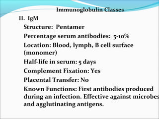 Immunoglobulin Classes
II. IgM
Structure: Pentamer
Percentage serum antibodies: 5-10%
Location: Blood, lymph, B cell surface
(monomer)
Half-life in serum: 5 days
Complement Fixation: Yes
Placental Transfer: No
Known Functions: First antibodies produced
during an infection. Effective against microbes
and agglutinating antigens.
 