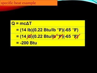 = (14 lb)(0.22 Btu/lb °F)(-65 °F)
specific heat example
Q = mcΔT
= (14 lb)(0.22 Btu/lb °F)(-65 °F)
= -200 Btu
 