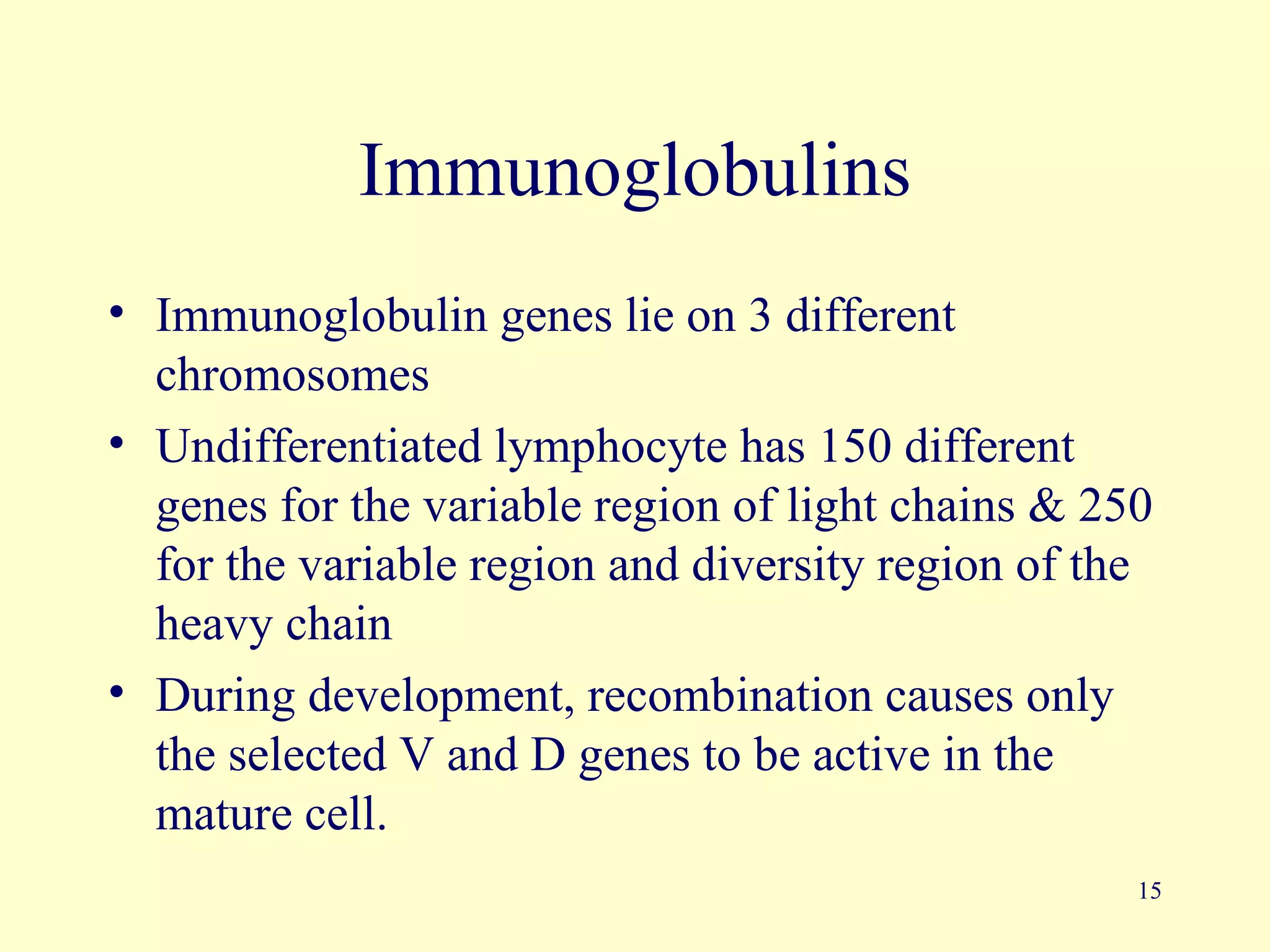 Immunoglobulins
• Immunoglobulin genes lie on 3 different
  chromosomes
• Undifferentiated lymphocyte has 150 different
  genes for the variable region of light chains & 250
  for the variable region and diversity region of the
  heavy chain
• During development, recombination causes only
  the selected V and D genes to be active in the
  mature cell.
                                                    15
 