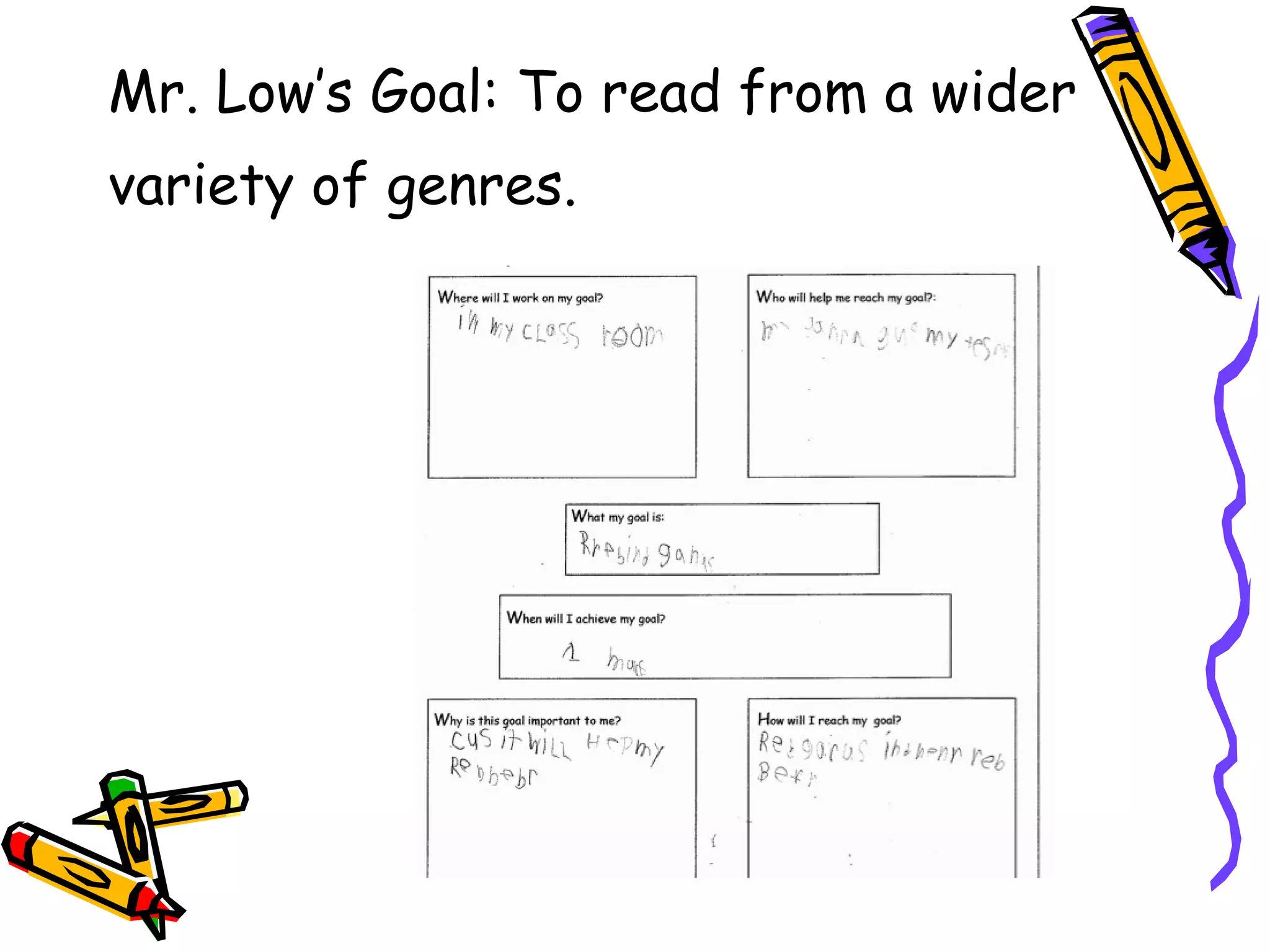 Mr. Low’s Goal: To read from a wider  variety of genres. 