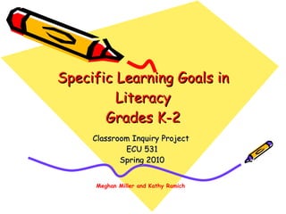 Specific Learning Goals in Literacy Grades K-2 Classroom Inquiry Project  ECU 531 Spring 2010 Meghan Miller and Kathy Ramich 