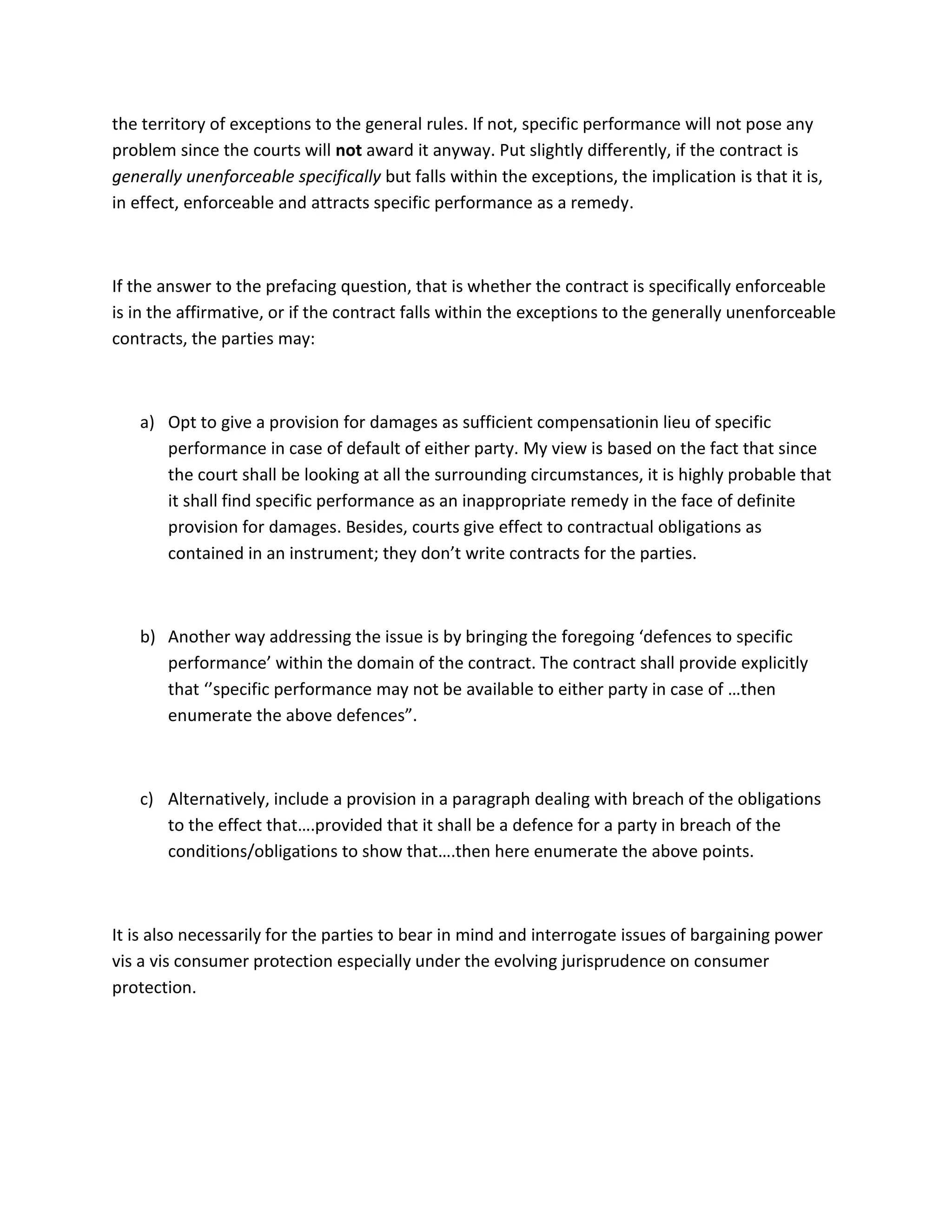 Specific performance, can parties contract out | DOCX