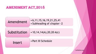 Amendment Act,2018
•6,11,15,16,19,21,25,41
•Subheading of chapter -2
Amendment
•10,14,14(A),20,20 A(c)
Substitution
•Part III Schedule
Insert
by:Reshma Azath
 