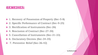 Remedies:
 1. Recovery of Possession of Property (Sec-5-8)
 2. Specific Performance of Contract (Sec-9-25)
 3. Rectification of Instruments (Sec-26)
 4. Rescission of Contract (Sec-27-30)
 5. Cancellation of Instruments (Sec-31-33)
 6. Declaratory Decrees (Sec-34-35)
 7. Preventive Relief (Sec-36-42)
by:Reshma Azath
 
