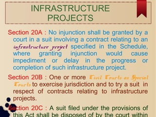 INFRASTRUCTURE
PROJECTS
Section 20A : No injunction shall be granted by a
court in a suit involving a contract relating to an
infrastructure project specified in the Schedule,
where granting injunction would cause
impediment or delay in the progress or
completion of such infrastructure project.
Section 20B : One or more Civil Courts as Special
Courts to exercise jurisdiction and to try a suit in
respect of contracts relating to infrastructure
projects.
Section 20C : A suit filed under the provisions of
 