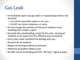 Gas Leak
Immediately report any gas odor or suspected gas leak to the
principal
Turn off all automobile engines in the area
Do NOT use cellular telephones or radios
Do not change the position of electrical switches or do
anything that creates a spark
Evacuate the area/building, using the fire exits, moving all
students as far away from the affected area as practical
Carry class roster and Red First Aid Bag with you
Account for all students
Report all missing students to principal
Attend to all student safety issues
Do NOT return to building until the “All Clear” signal is given
 