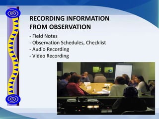 RECORDING INFORMATION
FROM OBSERVATION
- Field Notes
- Observation Schedules, Checklist
- Audio Recording
- Video Recording
 