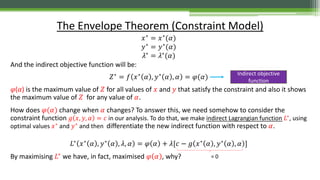 𝑥∗
= 𝑥∗
(𝛼)
𝑦∗
= 𝑦∗
(𝛼)
𝜆∗
= 𝜆∗
(𝛼)
And the indirect objective function will be:
𝑍∗ = 𝑓 𝑥∗ 𝛼 , 𝑦∗ 𝛼 , 𝛼 = 𝜑(𝛼)
𝜑(𝛼) is the maximum value of 𝑍 for all values of 𝑥 and 𝑦 that satisfy the constraint and also it shows
the maximum value of 𝑍 for any value of 𝛼.
How does 𝜑(𝛼) change when 𝛼 changes? To answer this, we need somehow to consider the
constraint function 𝑔 𝑥, 𝑦, 𝛼 = 𝑐 in our analysis. To do that, we make indirect Lagrangian function 𝐿∗
, using
optimal values 𝑥∗
and 𝑦∗
and then differentiate the new indirect function with respect to 𝛼.
𝐿∗ 𝑥∗ 𝛼 , 𝑦∗ 𝛼 , 𝜆, 𝛼 = 𝜑 𝛼 + 𝜆[𝑐 − 𝑔 𝑥∗ 𝛼 , 𝑦∗ 𝛼 , 𝛼 ]
By maximising 𝐿∗
we have, in fact, maximised 𝜑 𝛼 , why?
The Envelope Theorem (Constraint Model)
Indirect objective
function
= 0
 
