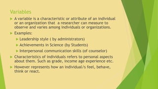 Variables 
 A variable is a characteristic or attribute of an individual 
or an organization that a researcher can measure to 
observe and varies among individuals or organizations. 
 Examples: 
 Leadership style ( by administrators) 
 Achievements in Science (by Students) 
 Interpersonal communication skills (of counselor) 
 Characteristics of individuals refers to personal aspects 
about them. Such as grade, income age experience etc. 
 However represents how an individual/s feel, behave, 
think or react. 
 