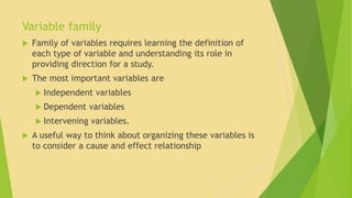 Variable family 
 Family of variables requires learning the definition of 
each type of variable and understanding its role in 
providing direction for a study. 
 The most important variables are 
 Independent variables 
 Dependent variables 
 Intervening variables. 
 A useful way to think about organizing these variables is 
to consider a cause and effect relationship 
 