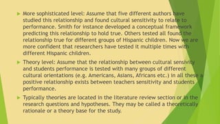  More sophisticated level: Assume that five different authors have 
studied this relationship and found cultural sensitivity to relate to 
performance. Smith for instance developed a conceptual framework 
predicting this relationship to hold true. Others tested all found the 
relationship true for different groups of Hispanic children. Now we are 
more confident that researchers have tested it multiple times with 
different Hispanic children. 
 Theory level: Assume that the relationship between cultural sensivity 
and students performance is tested with many groups of different 
cultural orientations (e.g. Americans, Asians, Africans etc.) in all these a 
positive relationship exists between teachers sensitivity and students 
performance. 
 Typically theories are located in the literature review section or in the 
research questions and hypotheses. They may be called a theoretically 
rationale or a theory base for the study. 
 