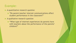Example: 
 A quantitative research question 
 “Do parent-teacher internet communications affect 
student performance in the classroom?” 
 A qualitative research question 
 “What type of internet experiences do parents have 
with teachers about the performance of the parents’ 
children?” 
 