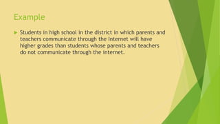 Example 
 Students in high school in the district in which parents and 
teachers communicate through the Internet will have 
higher grades than students whose parents and teachers 
do not communicate through the internet. 
 
