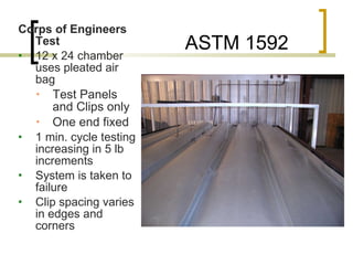 ASTM 1592 Corps of Engineers Test 12 x 24 chamber uses pleated air bag Test Panels and Clips only One end fixed 1 min. cycle testing increasing in 5 lb increments System is taken to failure Clip spacing varies in edges and corners 