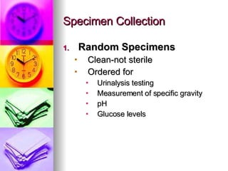 Specimen Collection Random Specimens Clean-not sterile Ordered for Urinalysis testing Measurement of specific gravity pH Glucose levels 