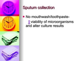Sputum collection No mouthwash/toothpaste-  viability of microorganisms and alter culture results 