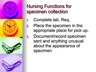 Nursing Functions for specimen collection Complete lab. Req. Place the specimen in the appropriate place for pick up. Document/record specimen sent and anything unusual about the appearance of specimen 