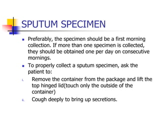 SPUTUM SPECIMEN
 Preferably, the specimen should be a first morning
collection. If more than one specimen is collected,
they should be obtained one per day on consecutive
mornings.
 To properly collect a sputum specimen, ask the
patient to:
i. Remove the container from the package and lift the
top hinged lid(touch only the outside of the
container)
ii. Cough deeply to bring up secretions.
 