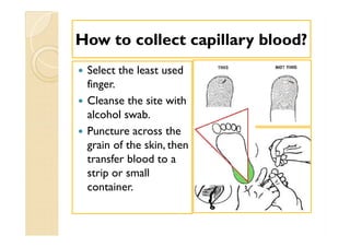 How to collect capillary blood?How to collect capillary blood?
 Select the least used
finger.
 Cleanse the site with
alcohol swab.
 Puncture across the
grain of the skin, then
transfer blood to a
strip or small
container.
 Select the least used
finger.
 Cleanse the site with
alcohol swab.
 Puncture across the
grain of the skin, then
transfer blood to a
strip or small
container.
 
