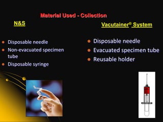 Collection System - Implication to CollectorsLabOPN1N&SVacutainer® SystemOpen SystemManual manipulation of plungerManualtransfer       of specimenClosed SystemQuick & easy fill, no manipulation neededAuto & direct transfer of specimen