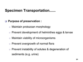 Specimen Transportation......
 Purpose of preservation :
o Maintain protozoan morphology
o Prevent development of helminthes eggs & larvae
o Maintain viability of microorganisms
o Prevent overgrowth of normal flora
o Prevent instability of solutes & degeneration of
sediments (e.g. urine)
21
 