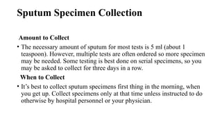 Sputum Specimen Collection
Amount to Collect
• The necessary amount of sputum for most tests is 5 ml (about 1
teaspoon). However, multiple tests are often ordered so more specimen
may be needed. Some testing is best done on serial specimens, so you
may be asked to collect for three days in a row.
When to Collect
• It’s best to collect sputum specimens first thing in the morning, when
you get up. Collect specimens only at that time unless instructed to do
otherwise by hospital personnel or your physician.
 