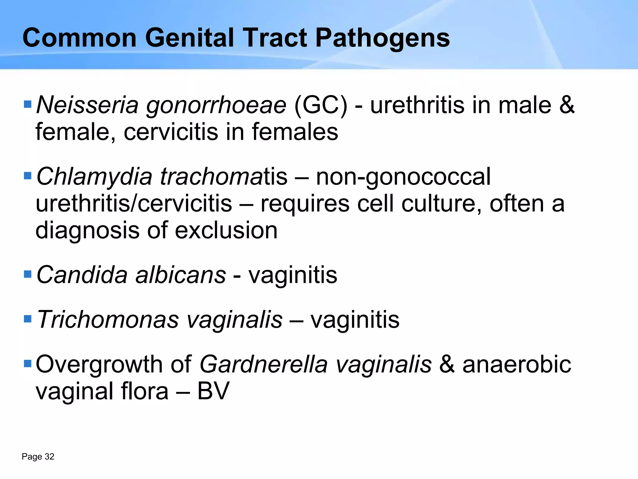 Page 32
Common Genital Tract Pathogens
Neisseria gonorrhoeae (GC) - urethritis in male &
female, cervicitis in females
Chlamydia trachomatis – non-gonococcal
urethritis/cervicitis – requires cell culture, often a
diagnosis of exclusion
Candida albicans - vaginitis
Trichomonas vaginalis – vaginitis
Overgrowth of Gardnerella vaginalis & anaerobic
vaginal flora – BV
 