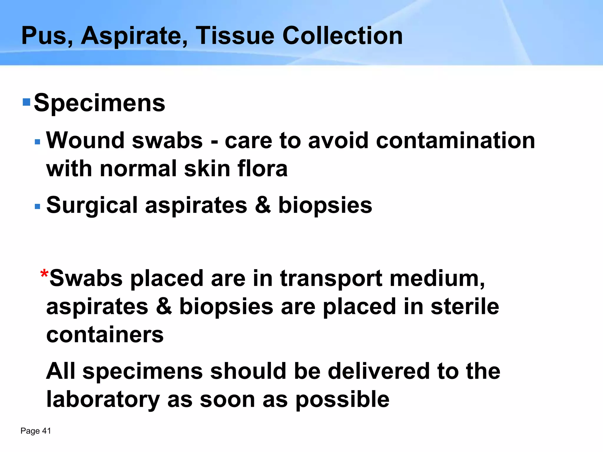 Page 41
Pus, Aspirate, Tissue Collection
Specimens
 Wound swabs - care to avoid contamination
with normal skin flora
 Surgical aspirates & biopsies
*Swabs placed are in transport medium,
aspirates & biopsies are placed in sterile
containers
All specimens should be delivered to the
laboratory as soon as possible
 