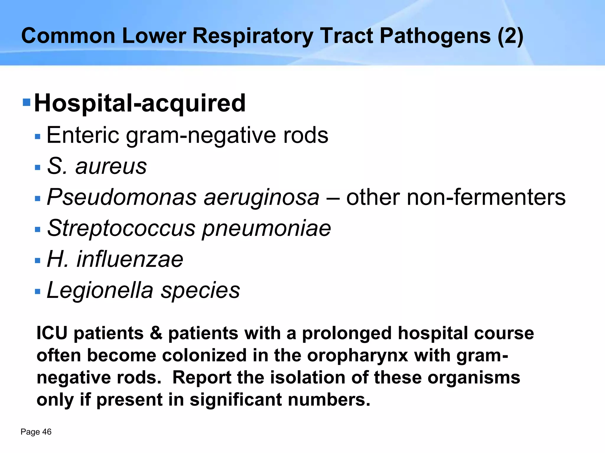 Page 46
Hospital-acquired
 Enteric gram-negative rods
 S. aureus
 Pseudomonas aeruginosa – other non-fermenters
 Streptococcus pneumoniae
 H. influenzae
 Legionella species
ICU patients & patients with a prolonged hospital course
often become colonized in the oropharynx with gram-
negative rods. Report the isolation of these organisms
only if present in significant numbers.
Common Lower Respiratory Tract Pathogens (2)
 