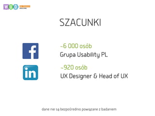 dane nie sąbezpośrednio powiązane z badaniem
~6 000 osób  
Grupa Usability PL
~920 osób  
UX Designer & Head of UX
SZACUNKI
 