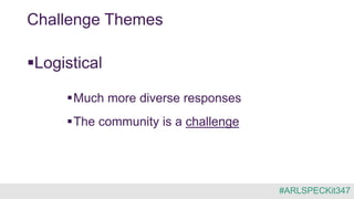 Logistical
Much more diverse responses
The community is a challenge
Challenge Themes
#ARLSPECKit347
 