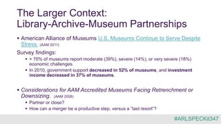The Larger Context:
Library-Archive-Museum Partnerships
 American Alliance of Museums U.S. Museums Continue to Serve Despite
Stress. (AAM 2011)
Survey findings:
 > 70% of museums report moderate (39%), severe (14%), or very severe (18%)
economic challenges.
 In 2010, government support decreased in 52% of museums, and investment
income decreased in 37% of museums.
 Considerations for AAM Accredited Museums Facing Retrenchment or
Downsizing. (AAM 2008)
 Partner or close?
 How can a merger be a productive step, versus a “last resort”?
#ARLSPECKit347
 