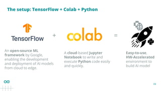 22
The setup: TensorFlow + Colab + Python
An open-source ML
framework by Google,
enabling the development
and deployment of AI models
from cloud to edge.
A cloud-based Jupyter
Notebook to write and
execute Python code easily
and quickly.
+ =
Easy-to-use,
HW-Accelerated
environment to
build AI model
 