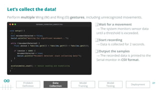 27
Let’s collect the data!
Deployment
Model
Testing
Data
Collection
Model
Training
Problem
Deﬁnition
Perform multiple Wing (W) and Ring (O) gestures, including unrecognized movements.
1⃣ Wait for a movement
→ The system monitors sensor data
until a threshold is exceeded.
2⃣ Start recording
→ Data is collected for 2 seconds.
3⃣ Output the samples
→ The recorded data is printed to the
Serial monitor in CSV format.
 