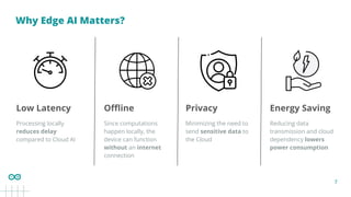 7
Why Edge AI Matters?
Low Latency Energy Saving
Processing locally
reduces delay
compared to Cloud AI
Oﬄine
Since computations
happen locally, the
device can function
without an internet
connection
Privacy
Minimizing the need to
send sensitive data to
the Cloud
Reducing data
transmission and cloud
dependency lowers
power consumption
 
