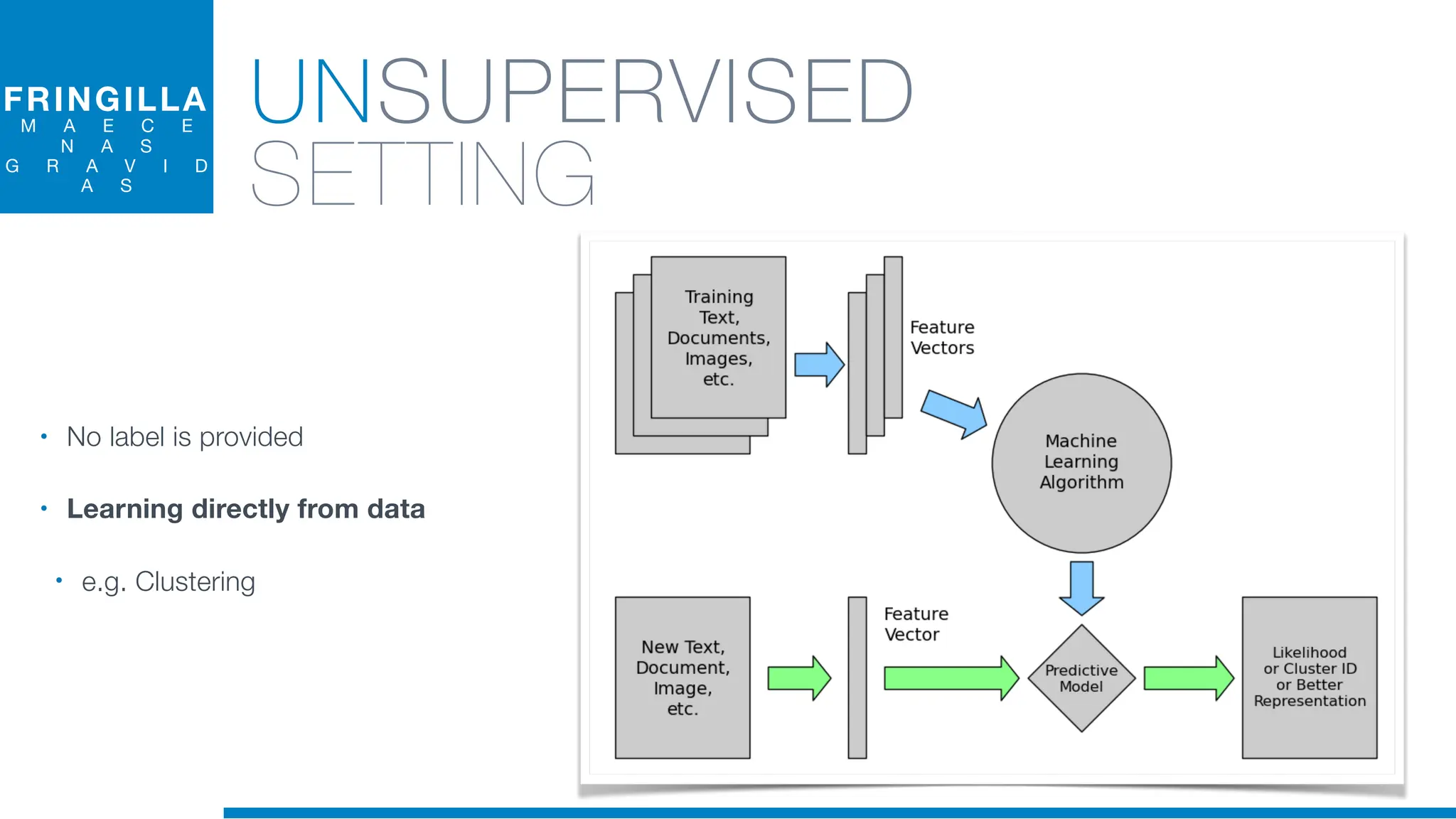 FRINGILLA
M A E C E
N A S
G R A V I D
A S
UNSUPERVISED
SETTING
• No label is provided
• Learning directly from data
• e.g. Clustering
 